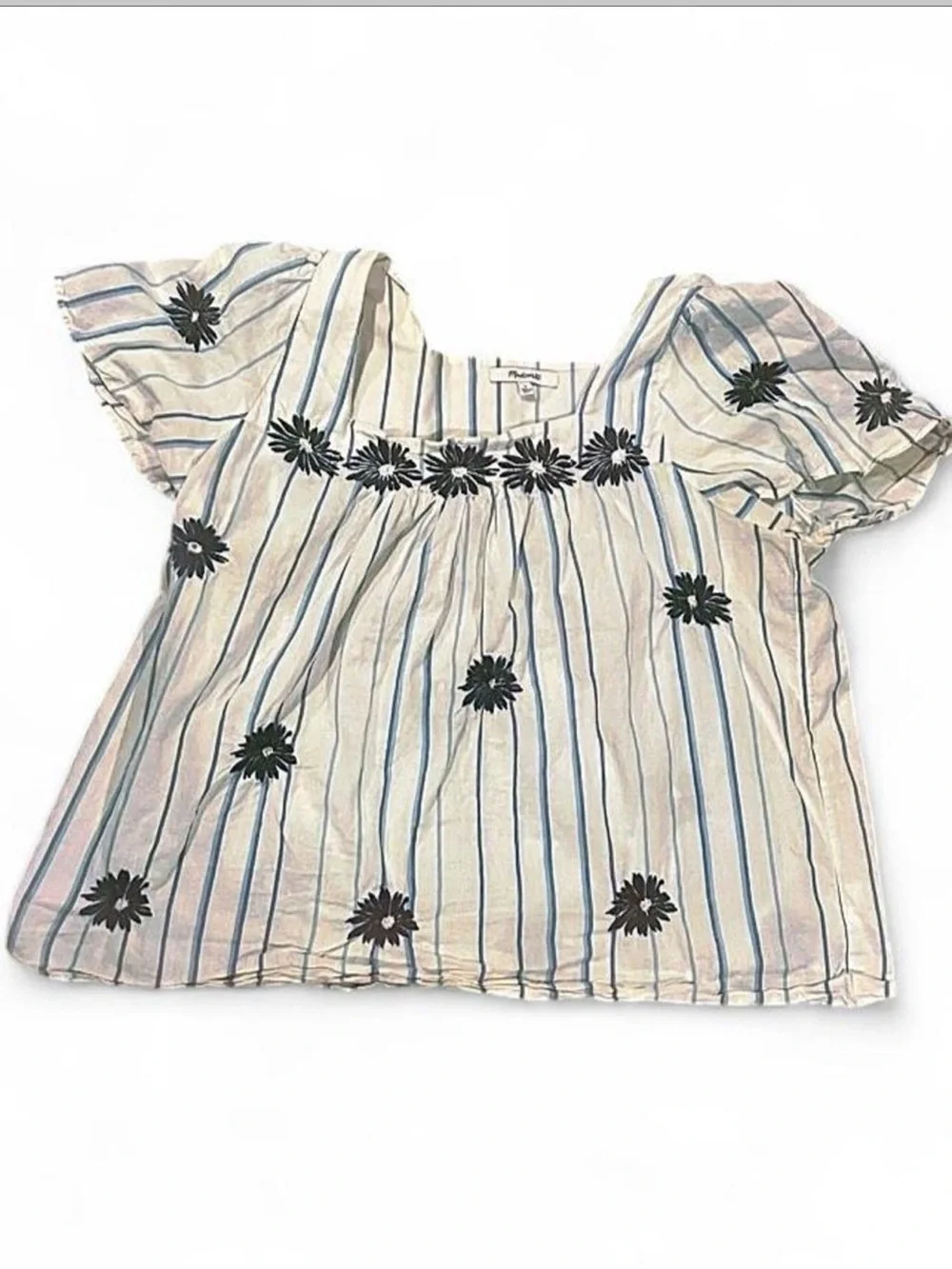 Madewell Cream Blouse with Blue Stripes and Black Floral Embroidery 100% cotton